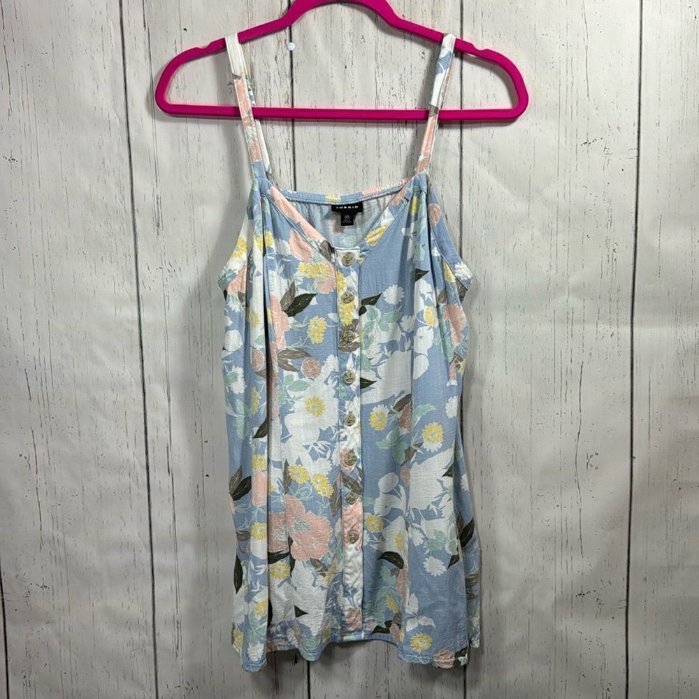Torrid Fit & Flare V Neck Rayon Slub Button Front Floral Sleeveless Tank Top
